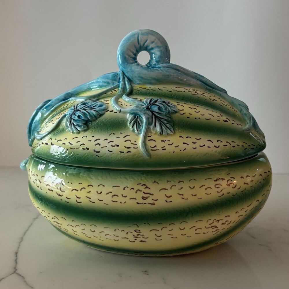 Vintage Ceramic Majolica Watermelon Covered Dish The Haldon Group 1989 MINT COND